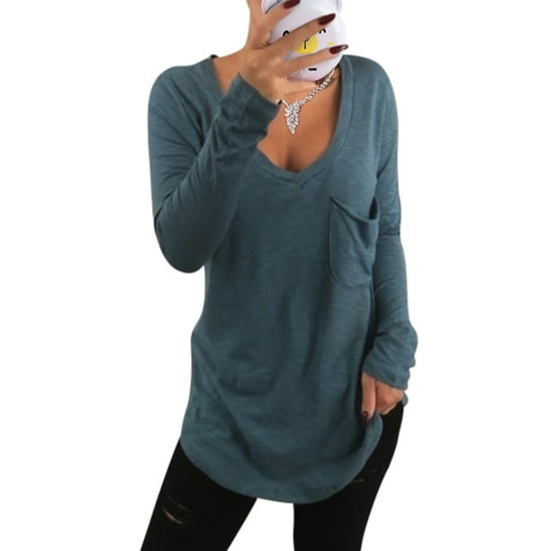 Domple Womens T-Shirts Loose Solid Long Sleeve V Neck T-Shirt Blouse Top 